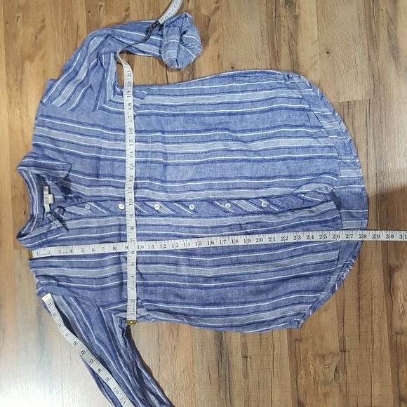 COOPER & EMMA Blue White Striped Linen Rayon Roll Tab Shirt Blouse with Pocket - Picture 11 of 12